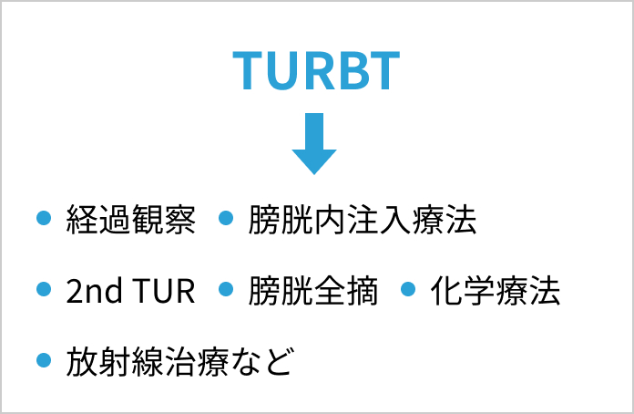 TURBT → 経過観察/膀胱内注入治療/2nd TUR/膀胱全摘/化学療法/放射線治療など